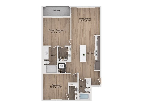 Floor plan for 2 beds, 2 baths, 1057 sqft